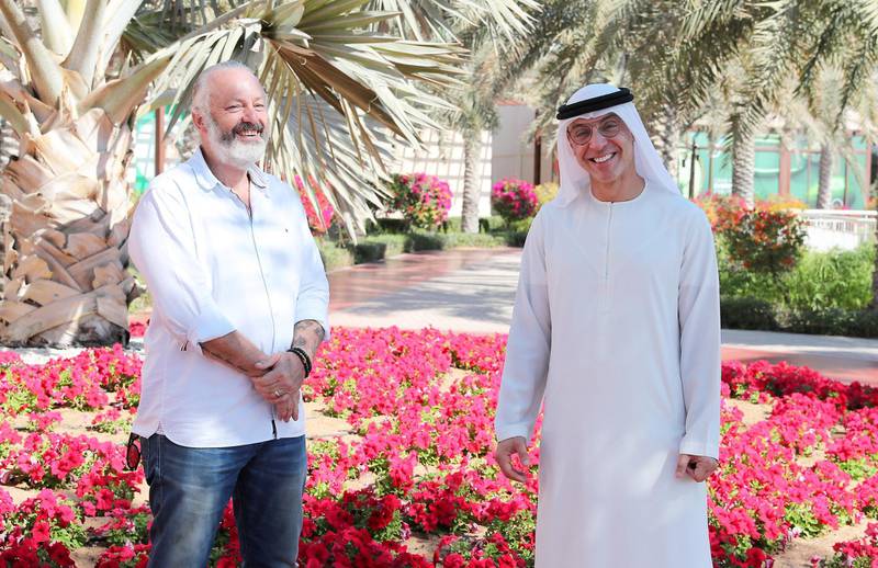 DUBAI, UNITED ARAB EMIRATES , January 4 – 2021 :-  Left to Right- Michael Leonard and Saif Al Bitar set up the wellness camp in the UAE to aid men’s mental health during the interview at the Pavilion Jumeirah Islands in Dubai. (Pawan Singh / The National) For News/Stock/Online. Story by Nick Webster