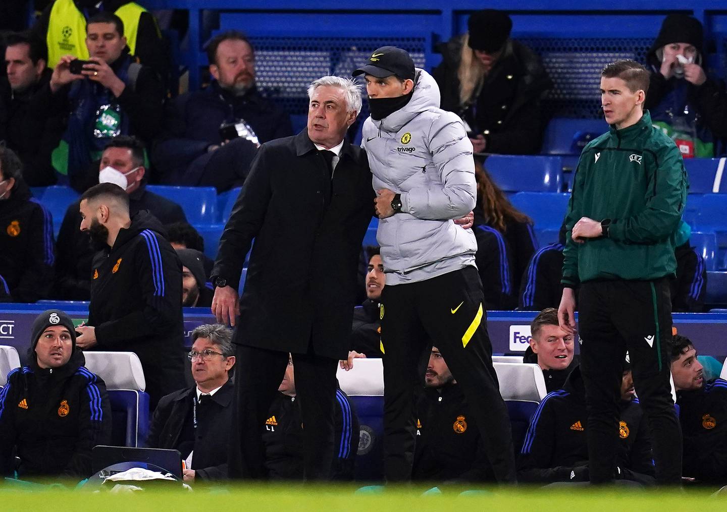 Real Madrid manager Carlo Ancelotti, left, and Chelsea boss Thomas Tuchel at Stamford Bridge. PA