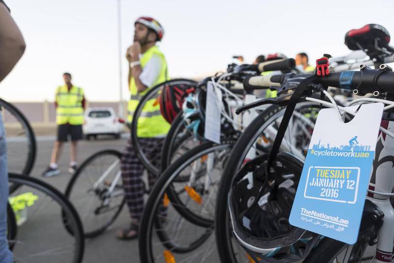 Department of Transport employees take part in the Cycle To Work UAE 2016 initiative. Antonie Robertson / The National
