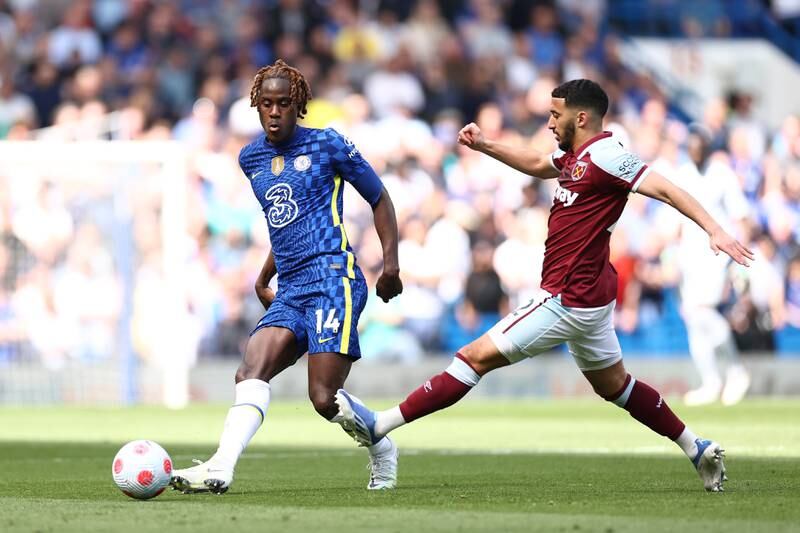 Chelsea defender Trevoh Chalobah passes the ball under pressure from Said Benrahma of West Ham. Getty