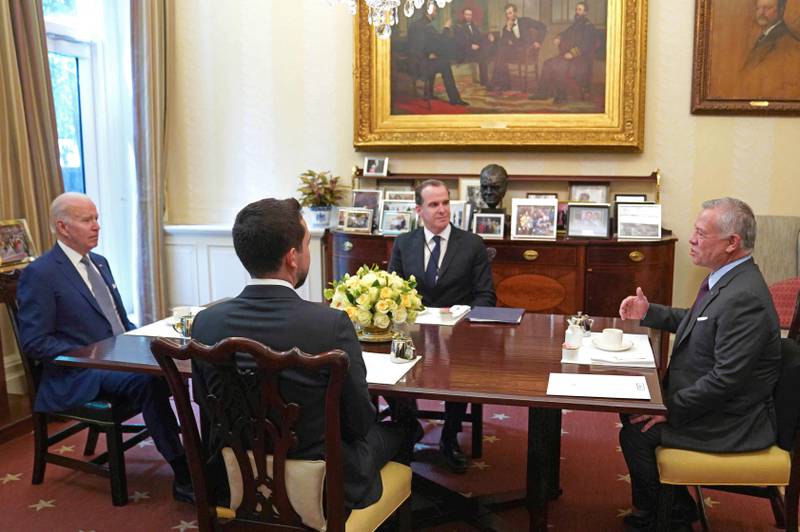US President Joe Biden meeting with Jordan's King Abdullah II at the White House. Jordanian Royal Palace  /  AFP 