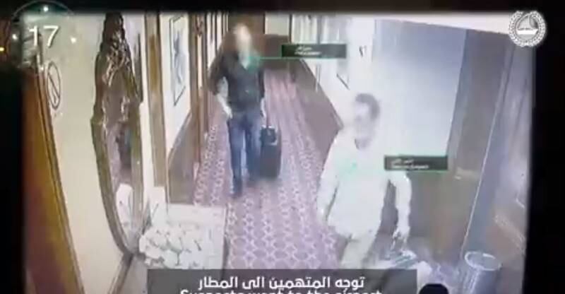 The suspects leaving a hotel in the Deira area after the alleged theft. They were arrested as they boarded a plane at Dubai Airport.
