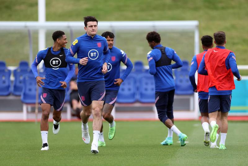 Harry Maguire trains with England teammates at St. George's Park ahead of the Euro 2020 match against Croatia. Reuters