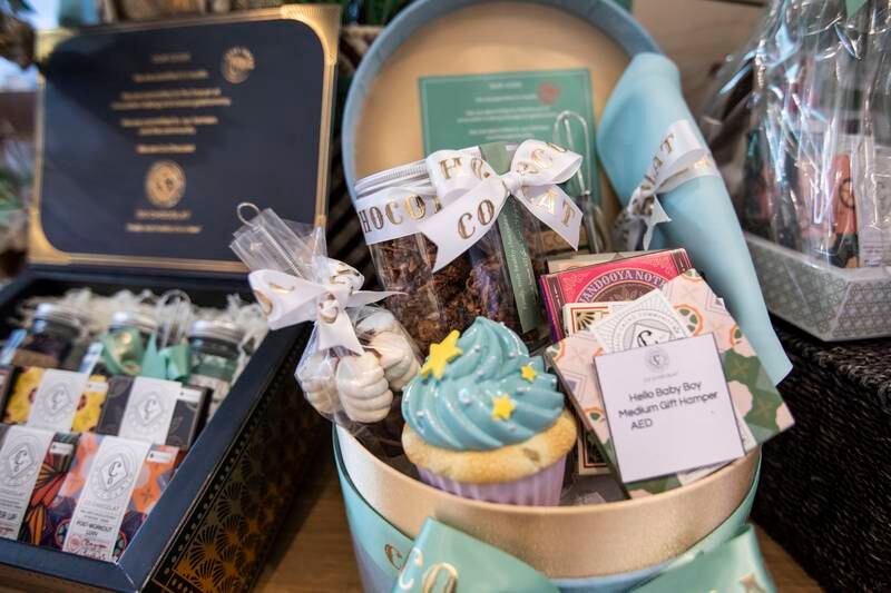 A gift basket featuring chocolate products