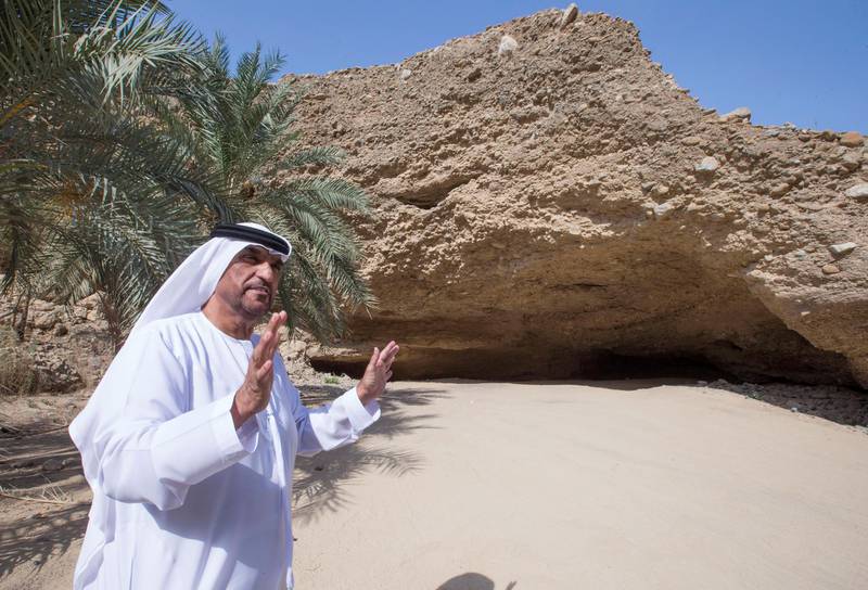 Sharjah, United Arab Emirates-  Abdullah Khilfan Al Naqbi outside Al Daba cave at Al Nahwa Village in Sharjah.  Leslie Pableo for The National for Ruba Haza