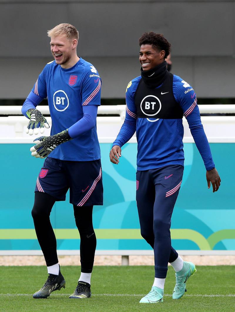 Aaron Ramsdale (left) and Marcus Rashford during training at St George's Park ahead of England's Euro 2020 last 16 clash with Germany on Tuesday. PA