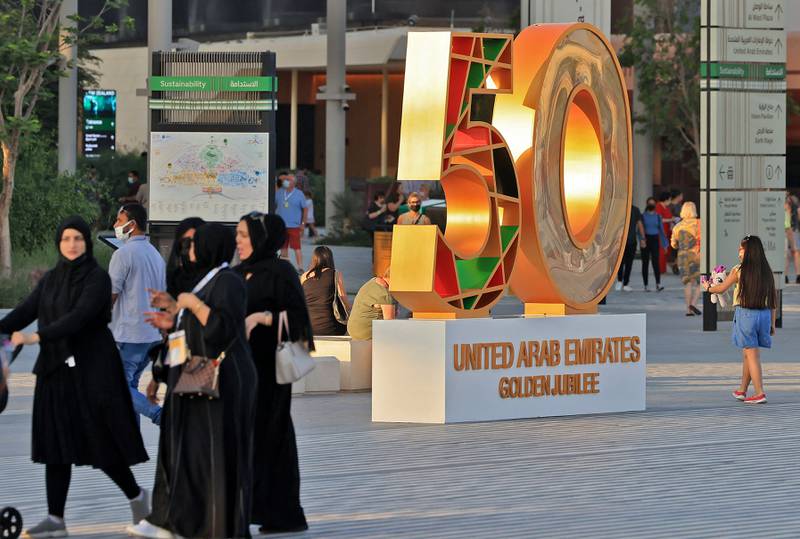 A Golden Jubilee sign at Expo 2020 Dubai. AFP