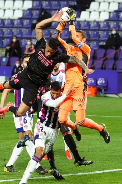 Real Madrid's Mariano Diaz in action against Real Valladolid's goalkeeper Jordi Masip. EPA