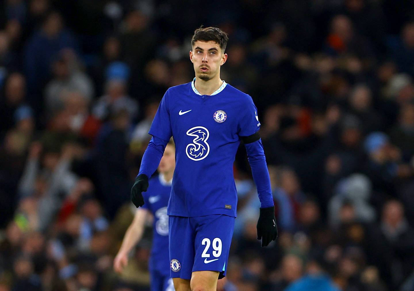 Soccer Football - FA Cup Third Round - Manchester City v Chelsea - Etihad Stadium, Manchester, Britain - January 8, 2023 Chelsea's Kai Havertz reacts after conceding their third goal REUTERS / Molly Darlington