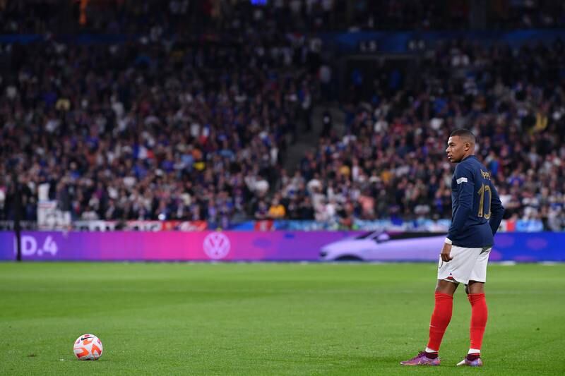 Kylian Mbappe of France prepares to take a free kick. Getty Images