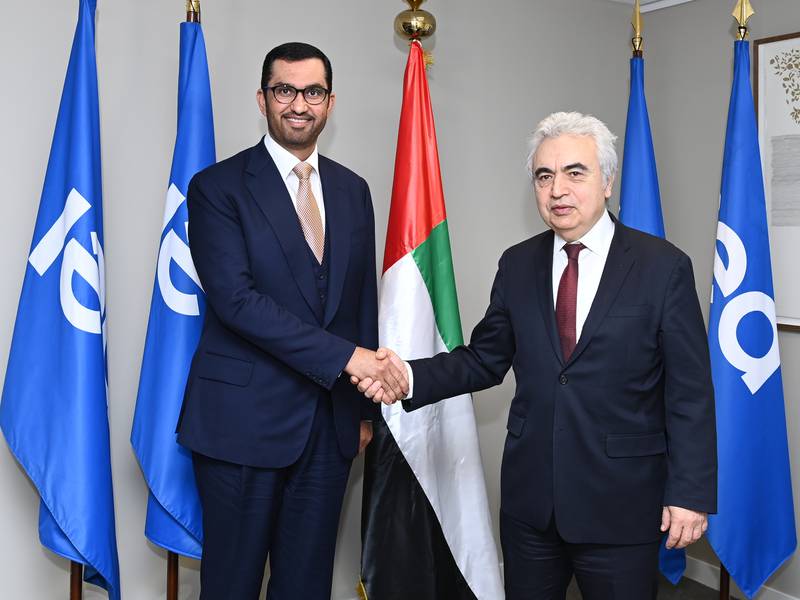 Cop28 President-designate Dr Sultan Al Jaber with International Energy Agency executive director Fatih Birol at a special roundtable in Paris on Thursday