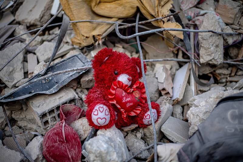 A teddy bear on the debris of collapsed buildings after the earthquake, in Hatay, Turkey, February 14. EPA