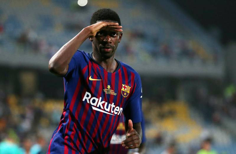 Barcelona's Ousmane Dembele celebrates scoring their second goal. Reuters