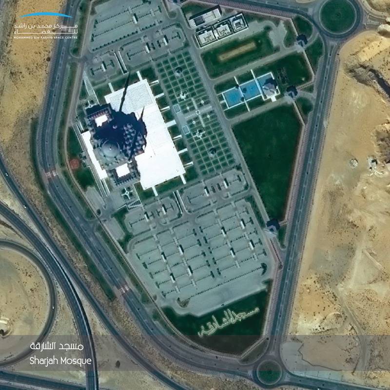 Sharjah Mosque, the largest mosque in the emirate, as captured from space on May 8, 2021.