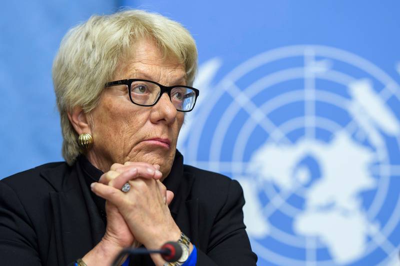FILE- In this Wednesday, March 1, 2017 file photo, Carla del Ponte, Member of the Independent Commission of Inquiry on the Syrian Arab Republic, attends a press conference, at the European headquarters of the United Nations in Geneva, Switzerland. Renowned former war crimes prosecutor Del Ponte has told a Swiss publication sheâ€™s resigning from the U.N.â€™s independent Commission of Inquiry on Syria after a five-year stint, decrying Security Council inaction to hold criminals accountable. (Martial Trezzini/Keystone via AP, File)