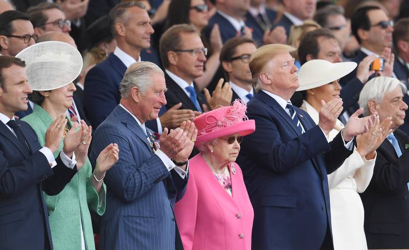 France's Emmanuel Macron, Britain's prime minister Theresa May, Prince Charles, Queen Elizabeth II, US President Donald Trump, First Lady Melania Trump and Greece President Prokopis Pavlopoulos attending the D-Day commemorations in Portsmouth.  EPA
