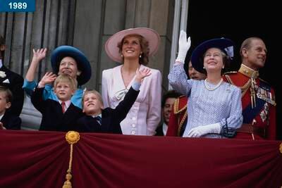 1989: The royal family gather on the balcony of Buckingham Palace in London for the Trooping the Colour ceremony. Pictured are Princess Margaret, Princess Diana, Prince Harry, Prince William, the queen and the Duke of Edinburgh.