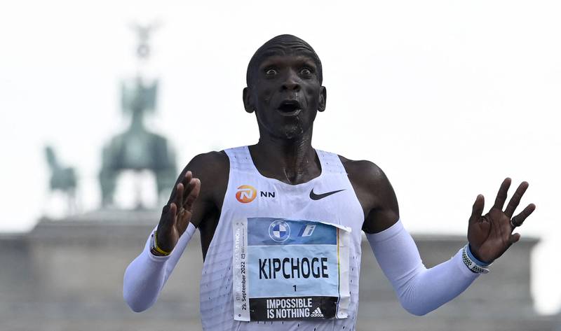 Eliud Kipchoge crosses the finish line to win the Berlin Marathon. AFP