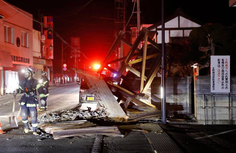 A structure falls due to an earthquake in Koorimachi, Fukushima prefecture, northeastern Japan. A strong earthquake hit off the coast of northeastern Japan late Saturday, shaking Fukushima, Miyagi and other areas, but there was no threat of a tsunami, officials said. AP