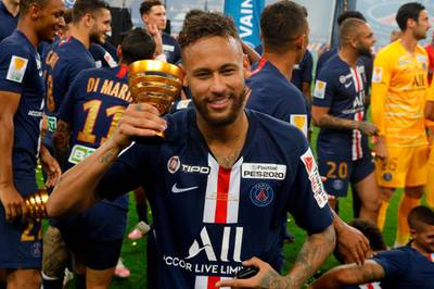 Neymar celebrates after PSG sealed victory over Lyon in the French League Cup final on Friday, July 31. AFP