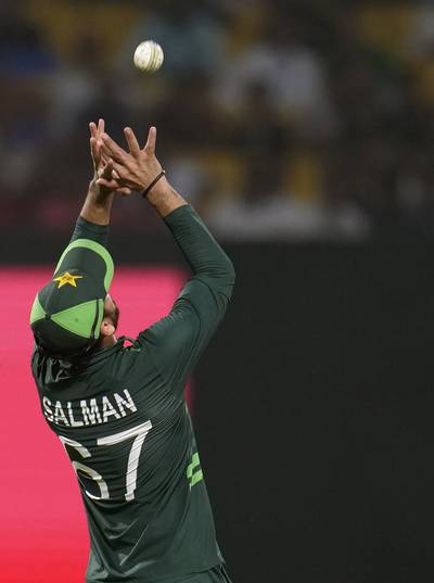 Pakistan's Salman Ali Agha takes the catch to get Bangladesh's captain Shakib Al Hasan. AP 