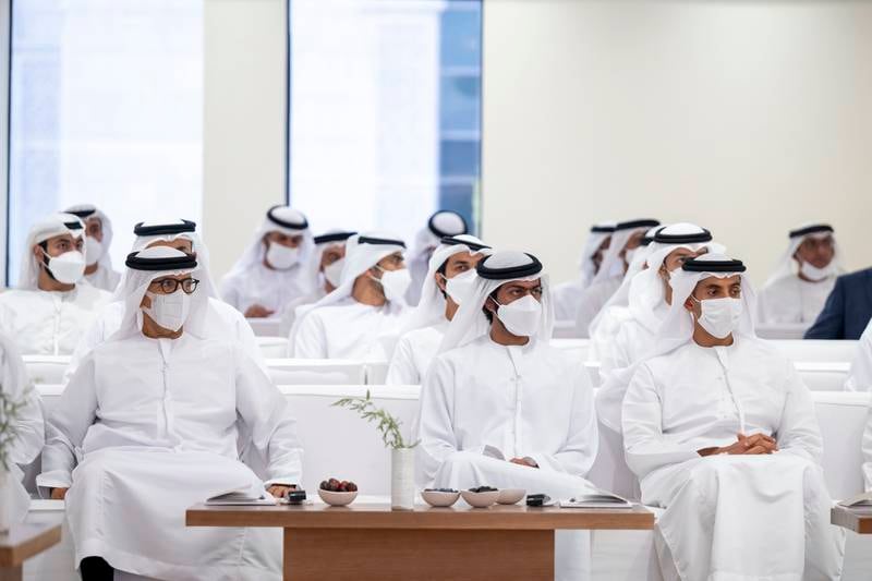 From left, Dr Mugheer Al Khaili, Abu Dhabi Executive Council member and chairman of the Department of Community Development, Sheikh Khalifa bin Tahnoon, director of the Martyrs' Families' Affairs Office of the Abu Dhabi Crown Prince Court, and Sheikh Khalid bin Zayed, chairman of the Board of Zayed Higher Organisation for Humanitarian Care and Special Needs, at the lecture.