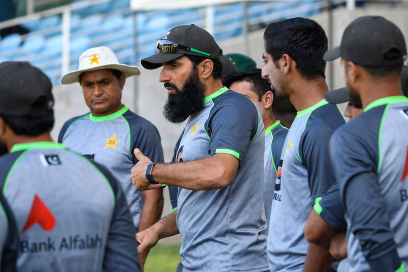 Misbah-ul-Haq, centre, has stepped down as Pakistan cricket coach with the T20 World Cup two months away. AFP