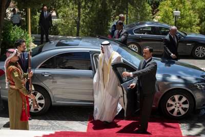 President Sheikh Mohamed arrives at a reception at Basman Palace with Prince Hussein 