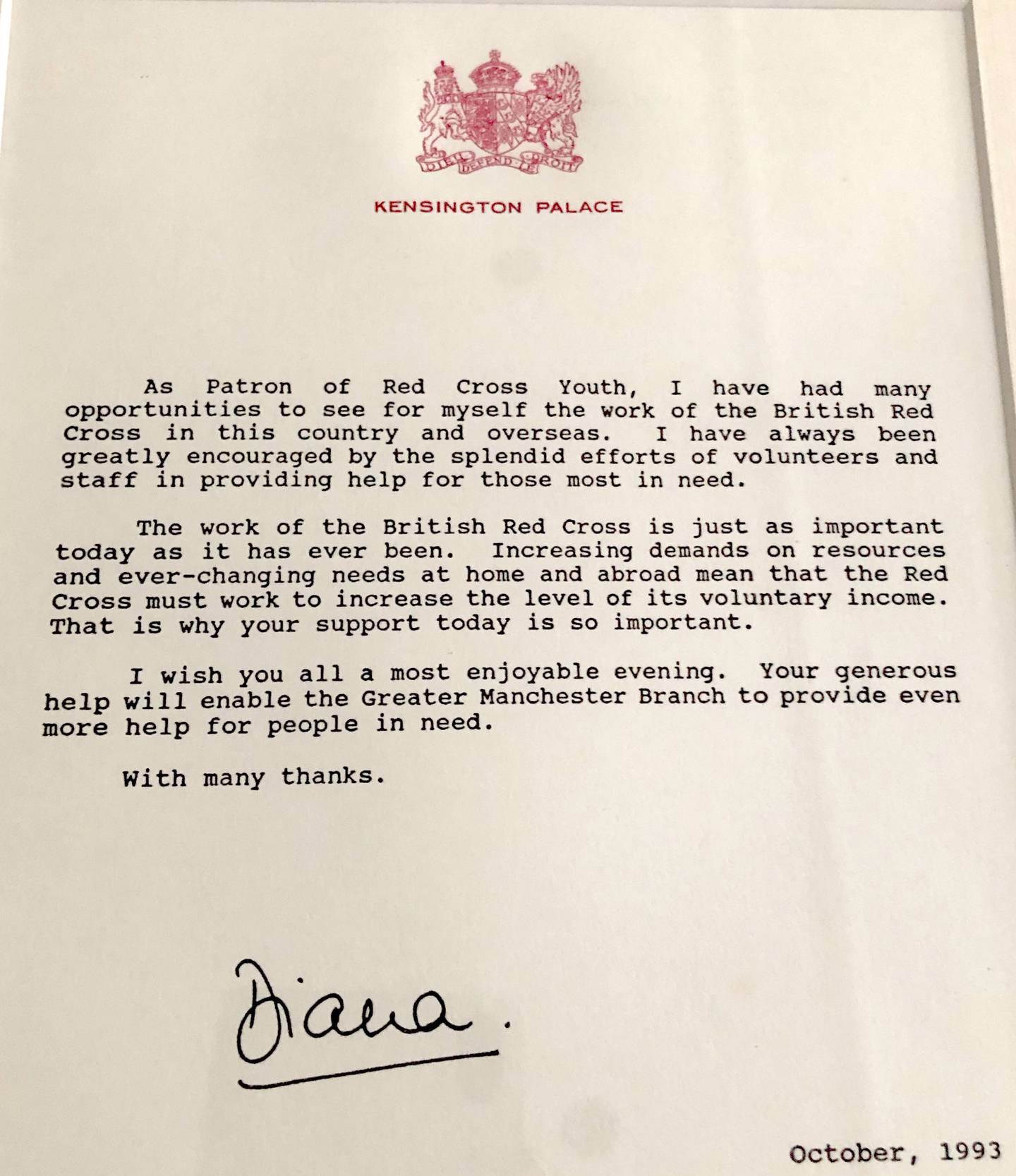 Princess Diana's letter to the Manchester branch of the Red Cross. Photo: British Red Cross