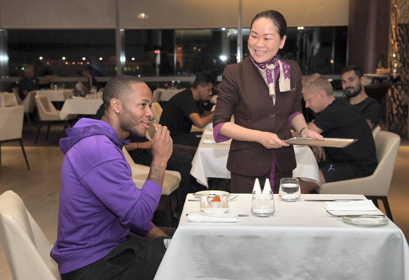 Manchester City's Raheem Sterling in the lounge. Photo by Etihad Airways