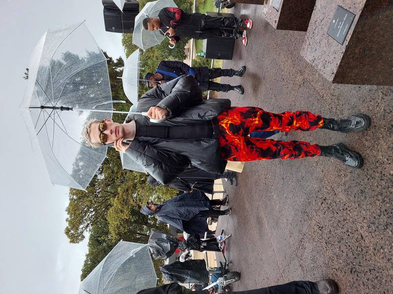 Red camouflage trousers, at Givenchy. 