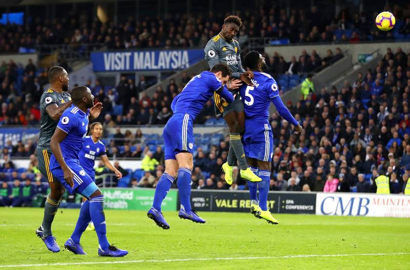 Onyinye Wilfred Ndidi of Leicester City wins a header during the Premier League match between Cardiff City and Leicester City at Cardiff City Stadium on November 3. Getty