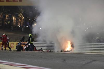 The crash site of Haas driver Romain Grosjean at the Bahrain International Circuit in Sakhir. EPA