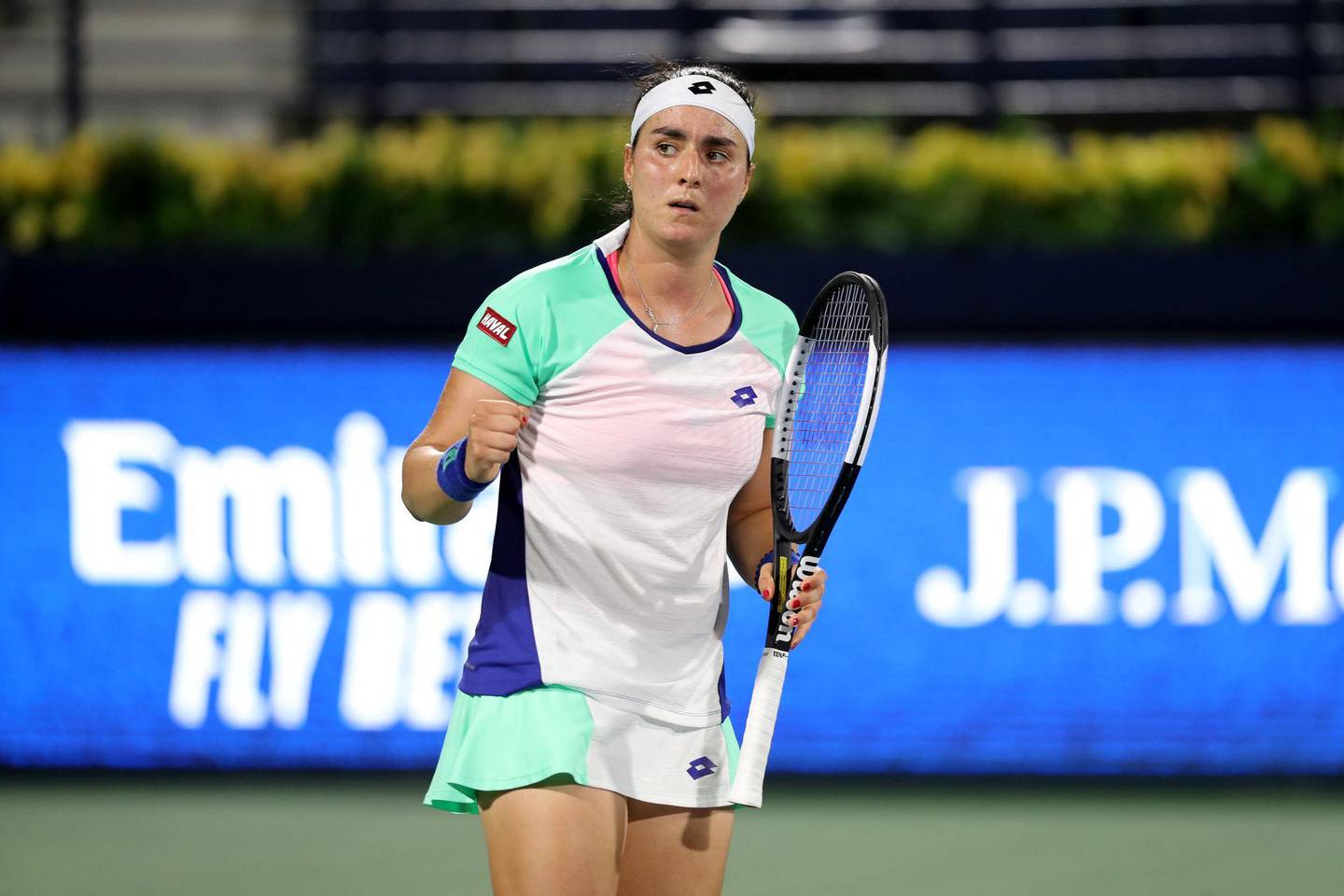Dubai, United Arab Emirates - Reporter: John McAuley: Ons Jabeur celebrates a point in the game between Ons Jabeur and Alison Riske in the Dubai Duty Free Tennis Championship. Monday, February 17th, 2020. Dubai Duty Free Tennis stadium, Dubai. Chris Whiteoak / The National