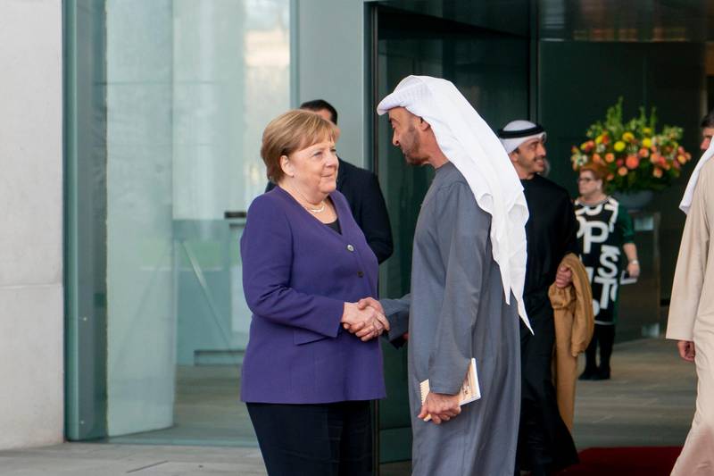 BERLIN, GERMANY - January 18, 2020:  HH Sheikh Mohamed bin Zayed Al Nahyan, Crown Prince of Abu Dhabi and Deputy Supreme Commander of the UAE Armed Forces (R), meets with HE Angela Merkel, Chancellor of Germany (L).

( Rashed Al Mansoori / Ministry of Presidential Affairs )
---