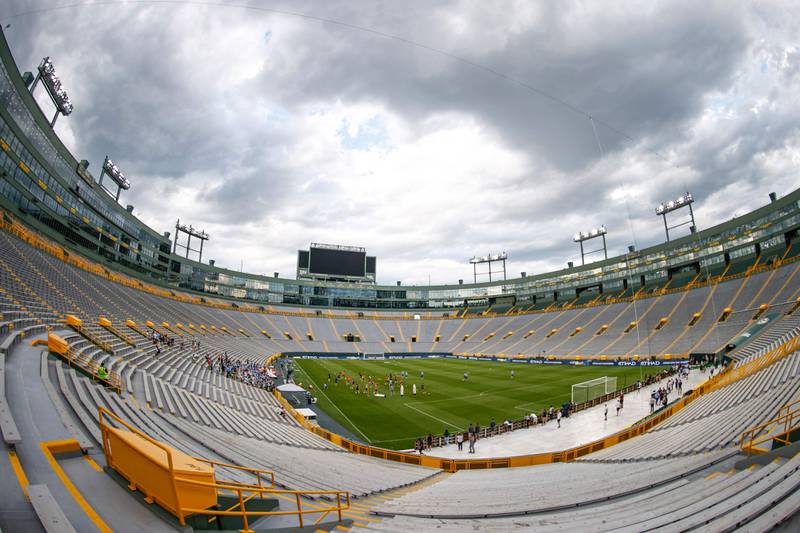 Manchester City players train at the iconic Lambeau Field. AFP