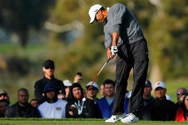 Tiger Woods hits off the second tee at Torrey Pines for the Farmers Insurance Open.