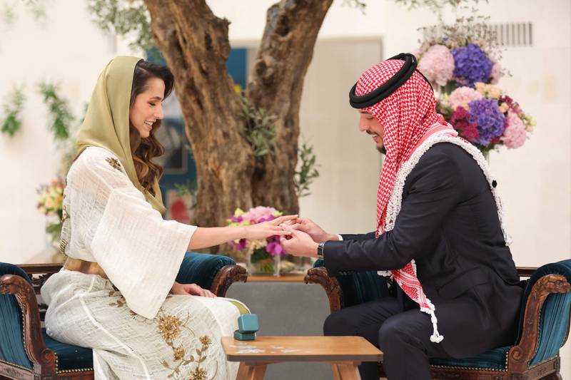 Crown Prince Hussein and his Saudi fiancee, Rajwa Khaled bin Musaed bin Saif, during their engagement ceremony in Riyadh. Jordanian Royal Palace / AFP