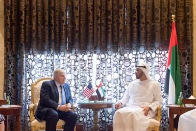 ABU DHABI, UNITED ARAB EMIRATES - August 10, 2017: HH Sheikh Mohamed bin Zayed Al Nahyan, Crown Prince of Abu Dhabi and Deputy Supreme Commander of the UAE Armed Forces (R), meets with retired General Anthony Zinni United States envoy (L), at Al Shati Palace.

( Rashed Al Mansoori / Crown Prince Court - Abu Dhabi )
---