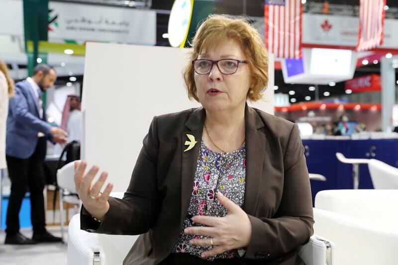 ABU DHABI , UNITED ARAB EMIRATES , OCT 25   – 2017 :-  Barbara Leaf , US Ambassador to the UAE during the interview at the USA stand in the Najah Education Fair held at ADNEC in Abu Dhabi. (Pawan Singh / The National) Story by Roberta 