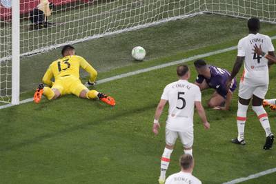 Fiorentina's Luka Jovic heads the ball into the West Ham net before it was disallowed for offside. AP 