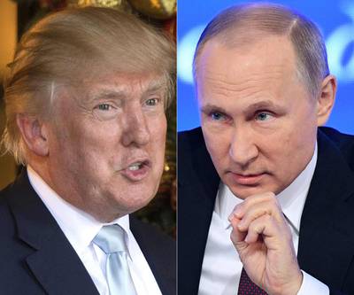 President-elect Donald Trump pictured on December 28,2016 in Palm Beach, Florida and Russian president Vladimir Putin in Moscow on December 23, 2016. Don Emmert and Natalia Kolesnikova / AFP 

 