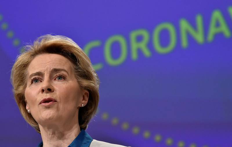 FILE PHOTO: The President of European Commission Ursula von der Leyen holds a news conference on the European Union response to the coronavirus disease (COVID-19) crisis at the EU headquarters in Brussels, April 15, 2020.  John Thys/Pool via REUTERS/File Photo