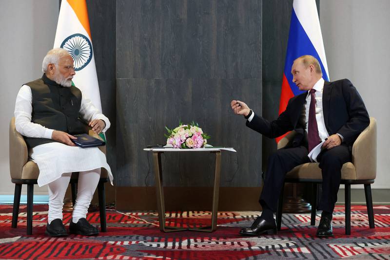 Indian Prime Minister Narendra Modi and Russian President Vladimir Putin meet on the sidelines of the Shanghai Co-operation Organisation in Samarkand, Uzbekistan, last September. Reuters