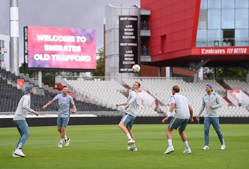 Left to right: James Anderson, Ollie Robinson, Zak Crawley, Stuart Broad and Ben Foakes playing football at Old Trafford. Getty