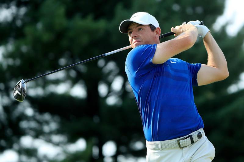 AKRON, OH - AUGUST 05: Rory McIlroy of Northern Ireland plays his shot from the 17th tee during the World Golf Championships-Bridgestone Invitational - Final Round at Firestone Country Club South Course on August 5, 2018 in Akron, Ohio.   Sam Greenwood/Getty Images/AFP
== FOR NEWSPAPERS, INTERNET, TELCOS & TELEVISION USE ONLY ==
