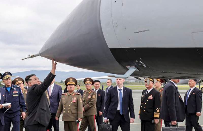 Kim Jong-un inspects a Russian hypersonic Kinzhal missile during a tour of Russia's Far East. EPA 

