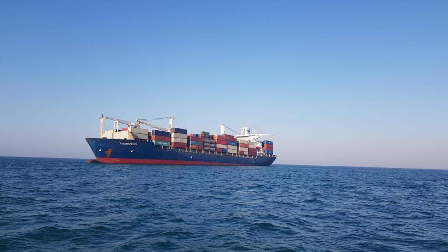 The Thorswind ran aground near Palm Deira on Thursday. Photo: Wam news agency