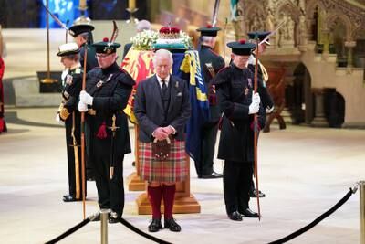 King Charles, Prince Edward, Princess Anne, and Prince Andrew hold a vigil at St Giles' Cathedral, in honour of Queen Elizabeth in Edinburgh in September 2022