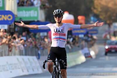 Among his record-breaking wins this year, Tadej Pogacar won Il Lombardia for a third straight year. AP